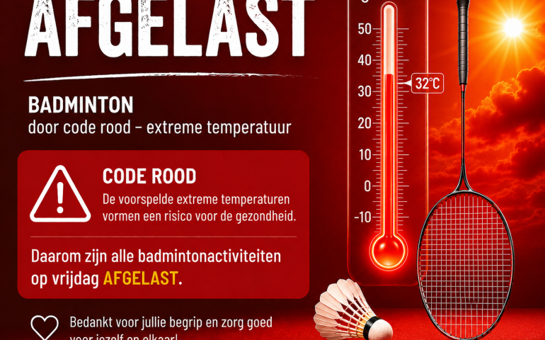 badminton afgelast op 26 juni